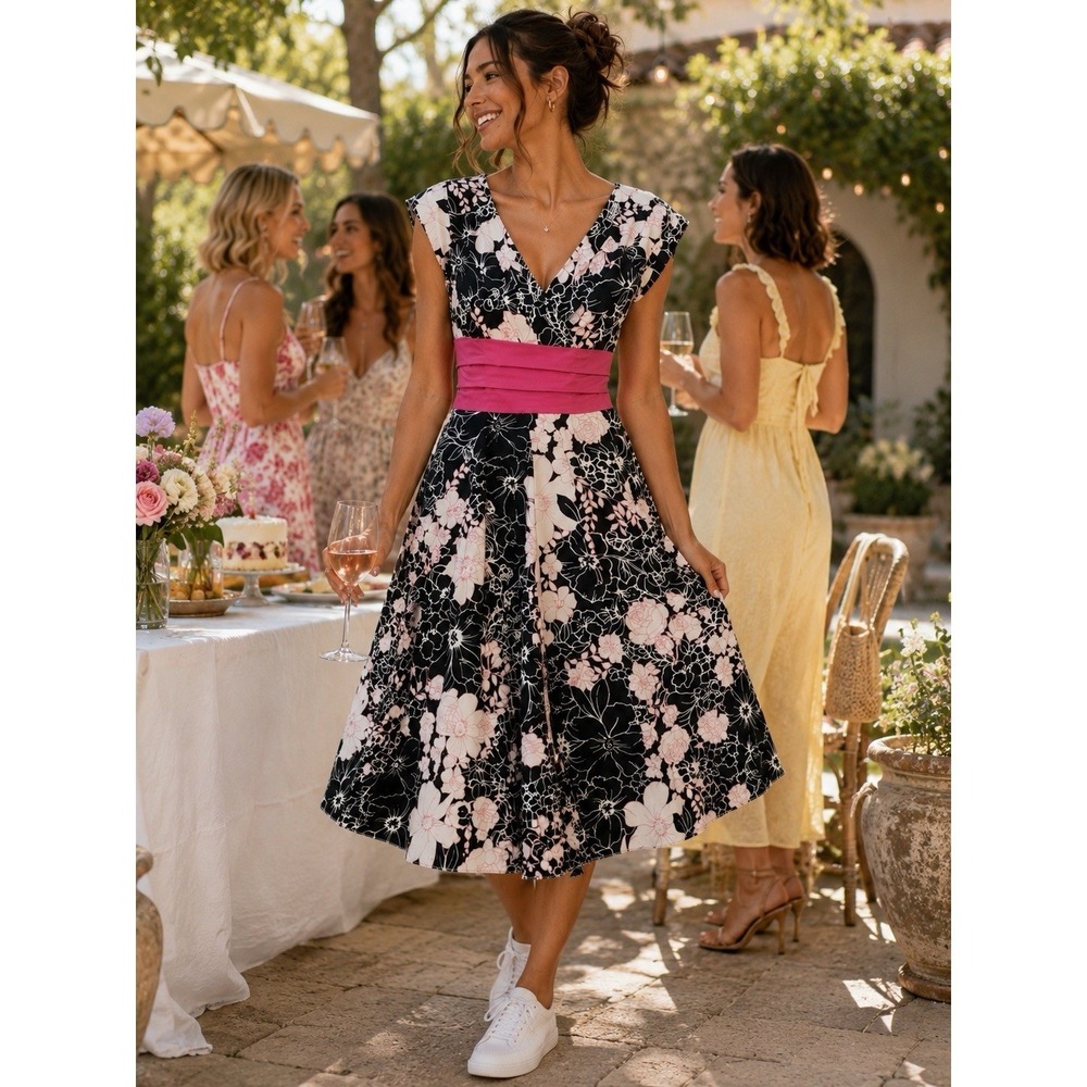 VTG Y2k Jody California Sz 3/4 Pink Floral Cottagecore For & Flare Midi Dress